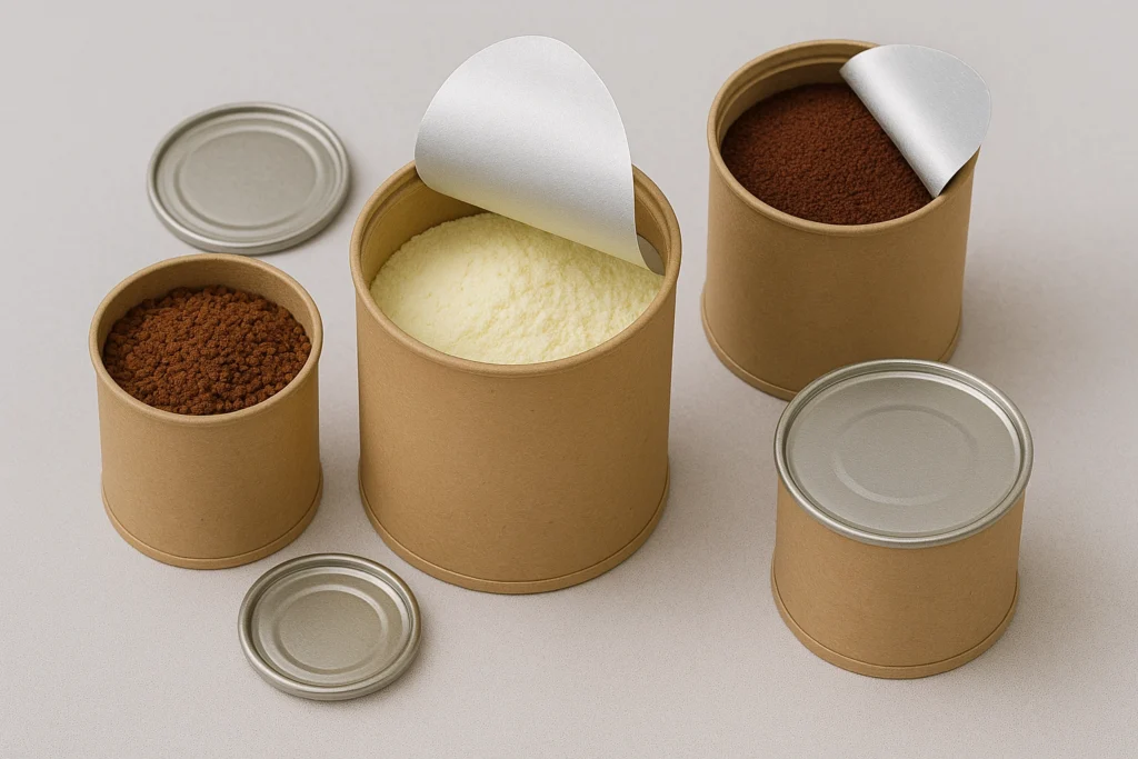 Envase estilo Klim mostrando foil interior y tapa resistente para productos lácteos en polvo.