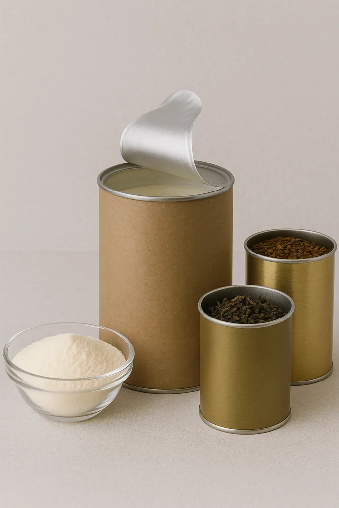 Envases tubulares premium con tapa metálica y foil interior para alimentos procesados y bebidas.