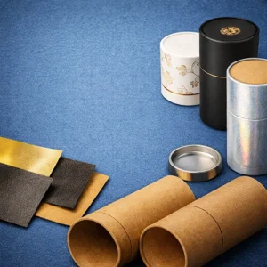 Envases tubulares de cartón personalizados con acabados premium, tubos kraft, tapas metálicas y muestras de laminados especiales