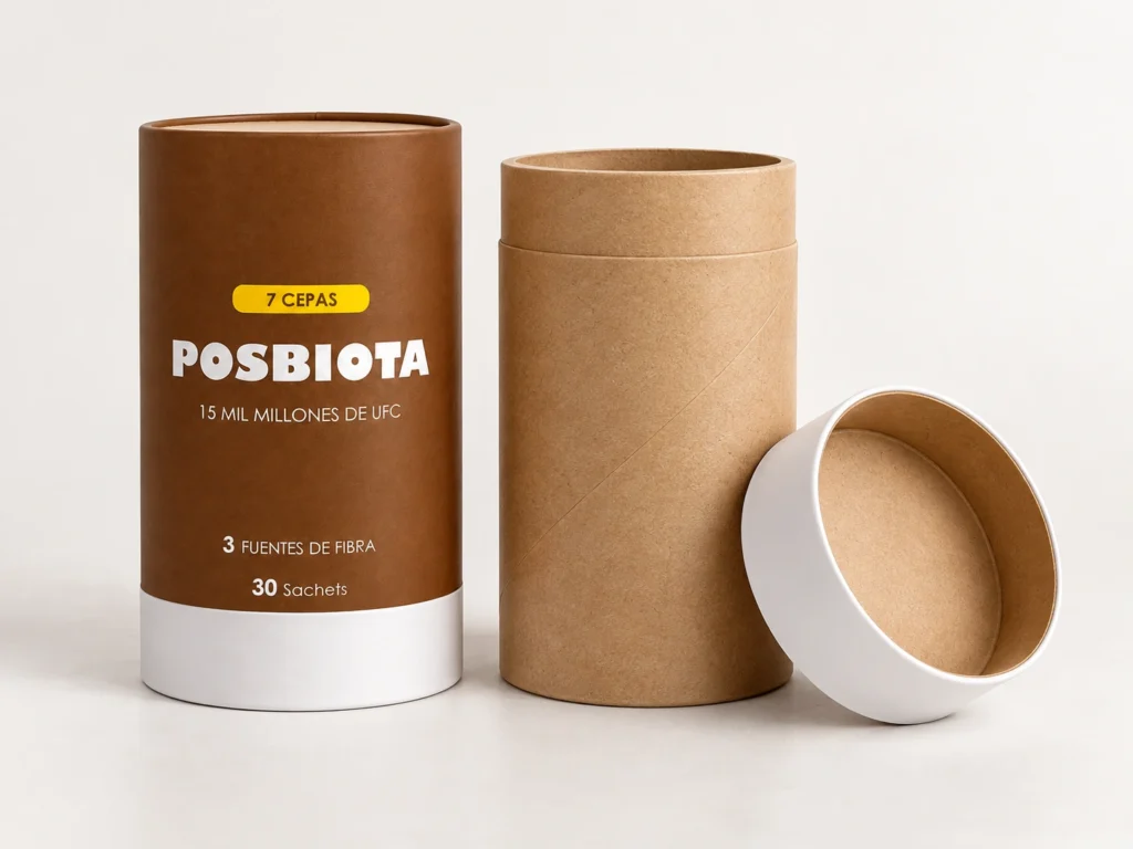 Envases tubulares de cartón PurePapel, con presentación personalizada POSBIOTA, envase vacío y tapa desmontable, listos para llenado.