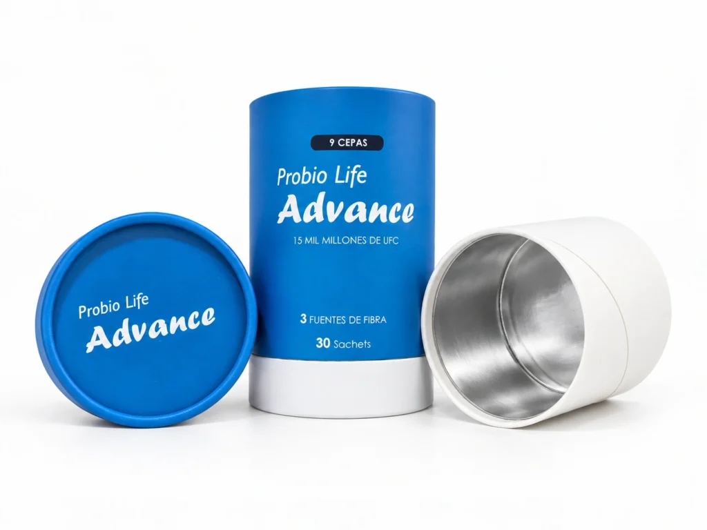 Envase tubular personalizado Probio Life Advance con interior de barrera metalizada, tapa y componentes de cartón.