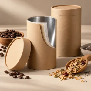 Envases tubulares de cartón para alimentos secos con barrera interior multicapa, utilizados para café, granola y otros productos alimenticios.