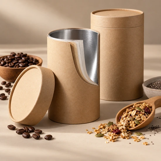 Envases tubulares de cartón para alimentos secos con barrera interior multicapa, utilizados para café, granola y otros productos alimenticios.